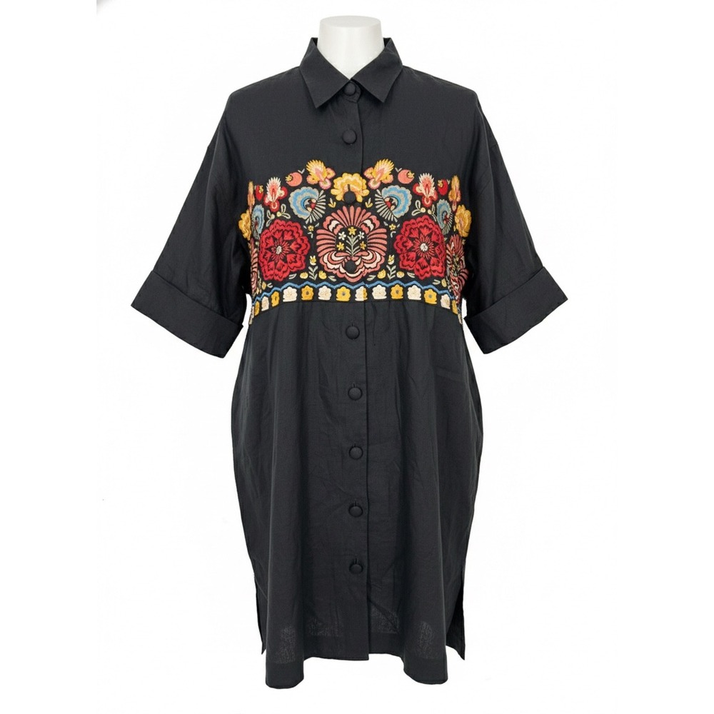 Andrea Jovine Black Linen Embroidered Floral Shirt Dress Tunic Size‎ 14 - CJ